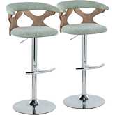 Gardenia Adjustable Swivel Bar Stool in Chrome, White Washed Wood & Seafoam Green Fabric (Set of 2)
